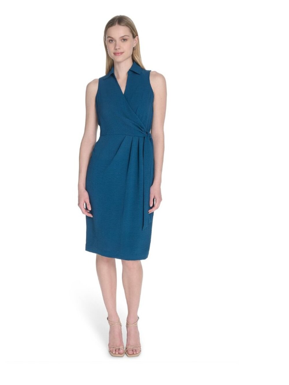 Calvin Klein Womens Sleeveless Wrap Dress With Tie Waist In Teal Blue
